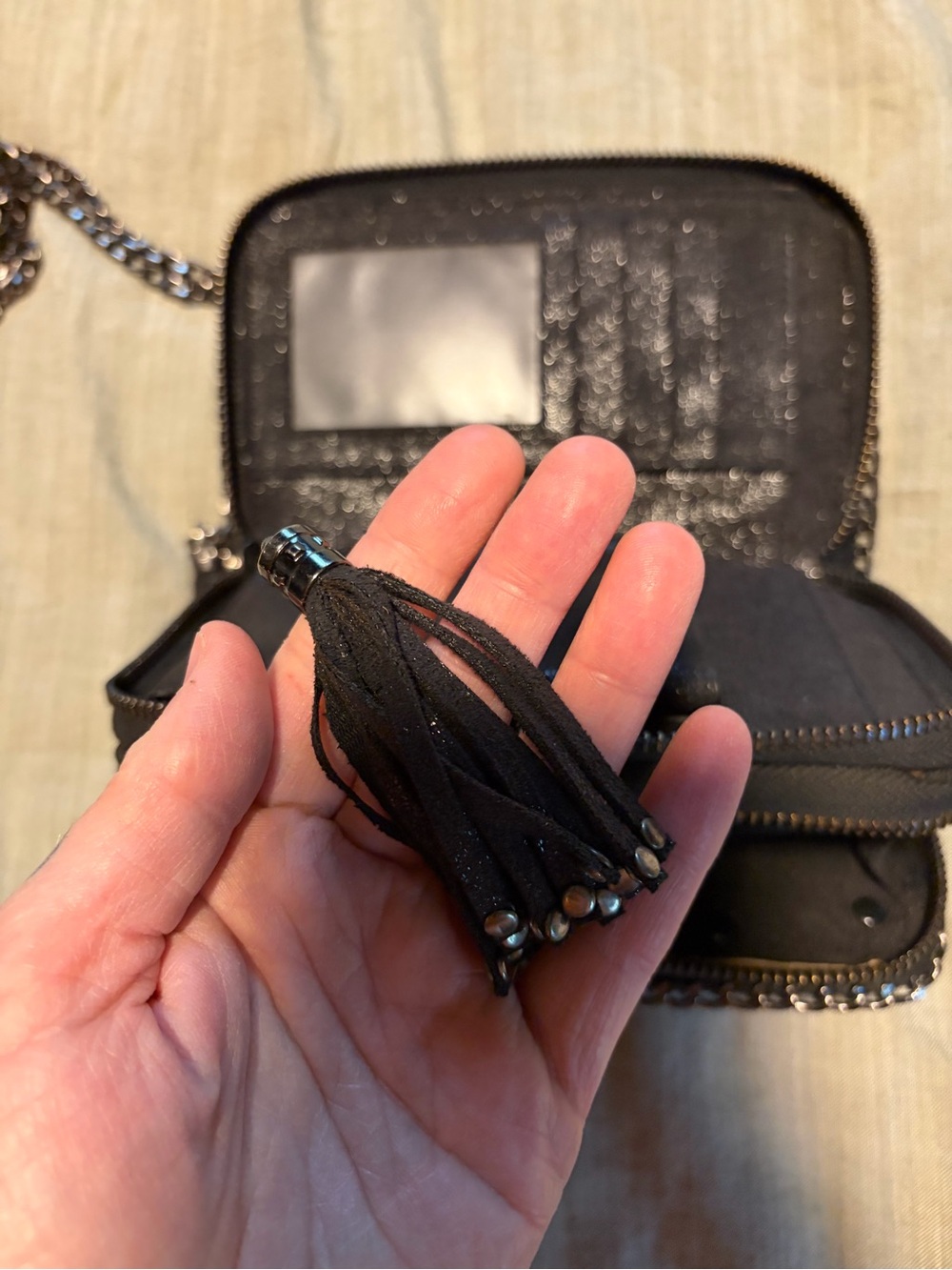 Repurposed Luis Vuitton Brown Monogram Crossbody Bag with Studs and Tassel - Picture 13 of 13